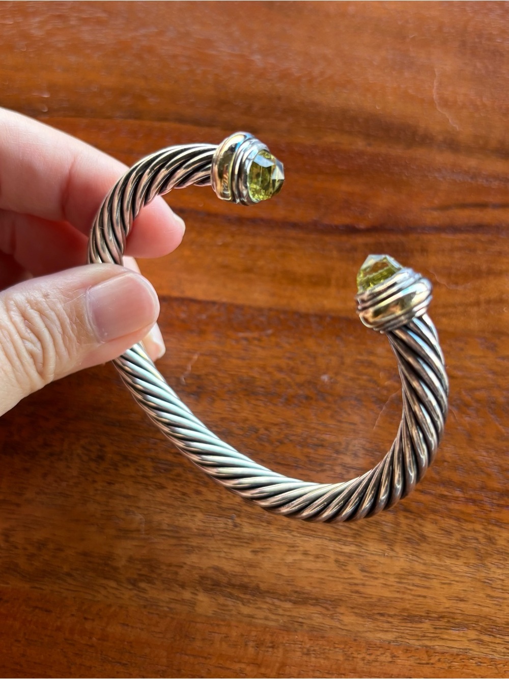 David Yurman Silver Twisted Cable Classics Open Cuff with Green Gemstone Ends